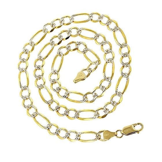 10k Yellow Solid Gold 7mm Wide Figaro White Diamon