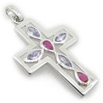 Ladies .925 Italian Sterling Silver cross pendant with purple and pink stones Length - 1.77 Width - 
