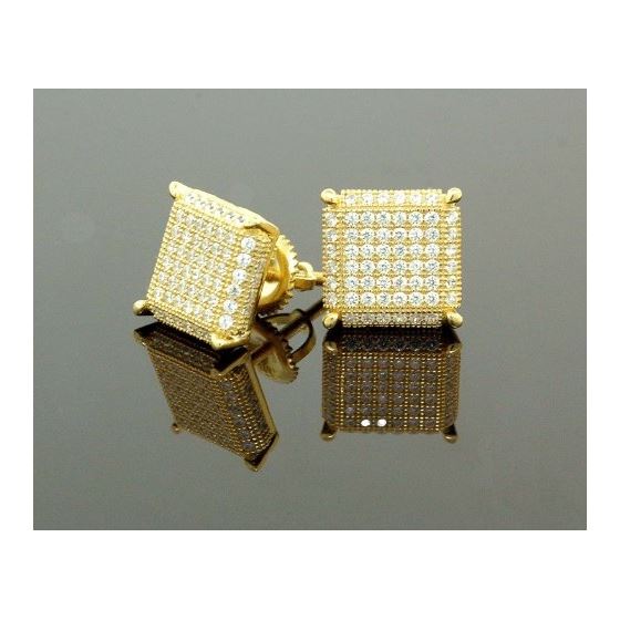 .925 Sterling Silver Yellow Square White Crystal Micro Pave Unisex Mens Stud Earrings 2