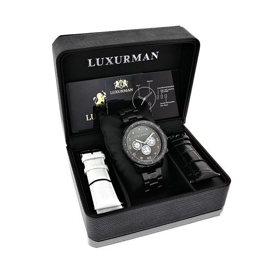 Midsize Mens Black Real Diamond Watch by Luxurman Phantom 0.25ct Swiss Movement 4