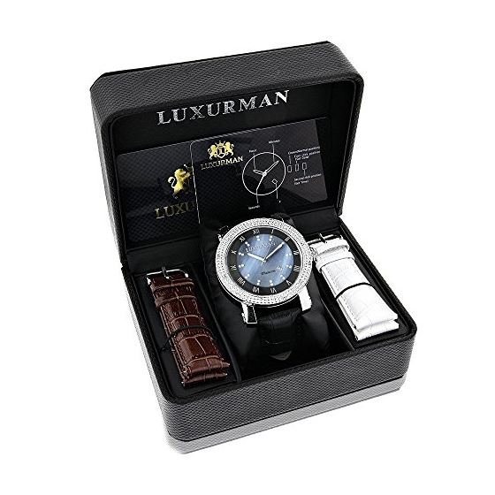 Luxurman Watches Mens VS Diamond Watch .18ct Blue MOP Blue Mother of Pearl Dial 4