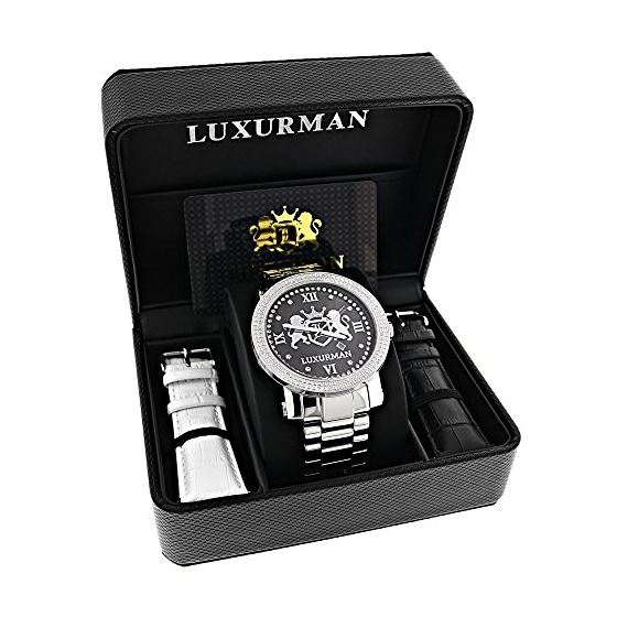 Mens Large Designer Luxurman Phantom Watch Genuine Diamonds 0.12ct Black MOP 4