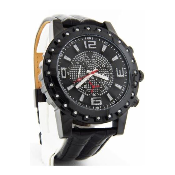 Mens Black Chrono Dial Black Leather Quartz Diam-2