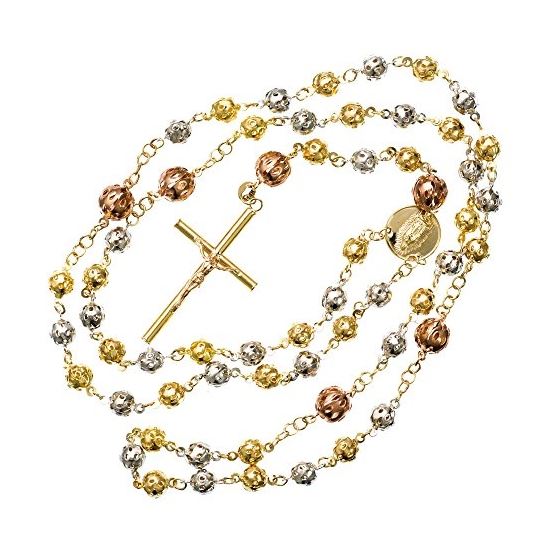 14K 3 TONE Gold HOLLOW ROSARY Chain - 30 Inches Long 6.2MM Wide 2