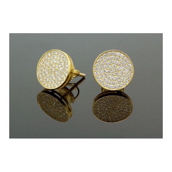 .925 Sterling Silver Yellow Circle White Crystal Micro Pave Unisex Mens Stud Earrings 2