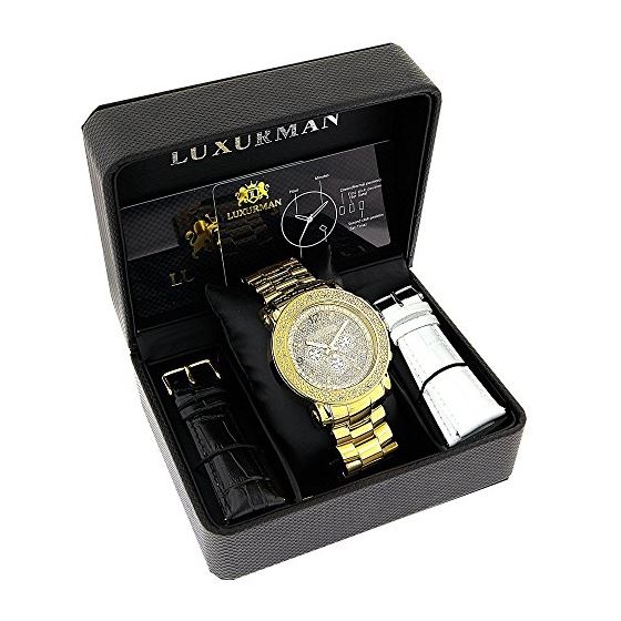 Mens Oversized Real Diamond Luxurman Watch 0.25ct Yellow Gold Chronograph 4