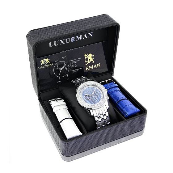 Luxurman Watches Mens Diamond Watch 0.25ct Blue Mother of Pearl face Chronograph 4