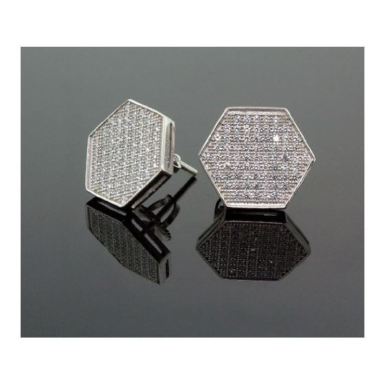 .925 Sterling Silver White Hexagon White Crystal Micro Pave Unisex Mens Stud Earrings 2