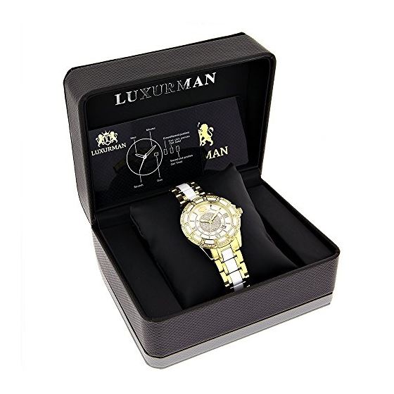 Luxurman Ladies Real Diamond Ceramic Watch 1.25ct White MOP Galaxy Yellow Gold 4