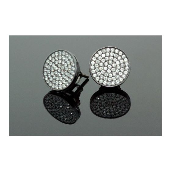.925 Sterling Silver Black Circle White Crystal Micro Pave Unisex Mens Stud Earrings 8mm 2