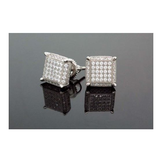 .925 Sterling Silver White Square White Crystal Micro Pave Unisex Mens Stud Earrings 2