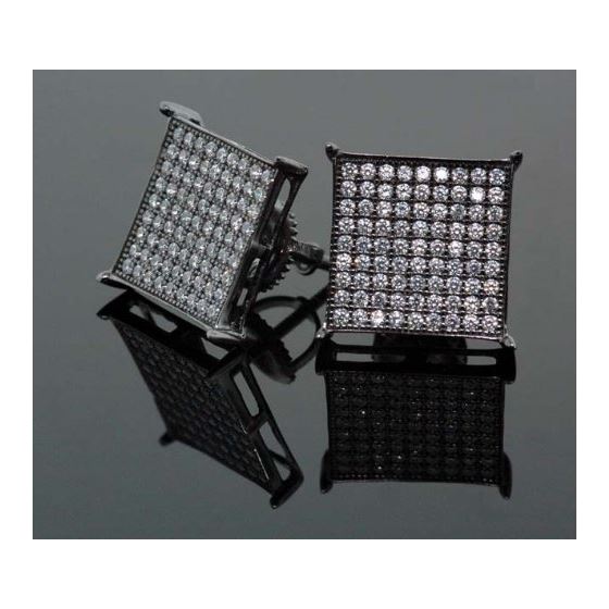 .925 Sterling Silver Black Square White Crystal Micro Pave Unisex Mens Stud Earrings 2