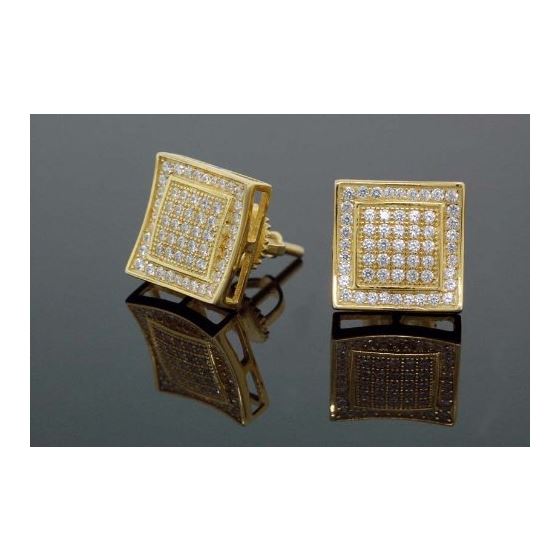 .925 Sterling Silver Yellow Square White Crystal Micro Pave Unisex Mens Stud Earrings 2