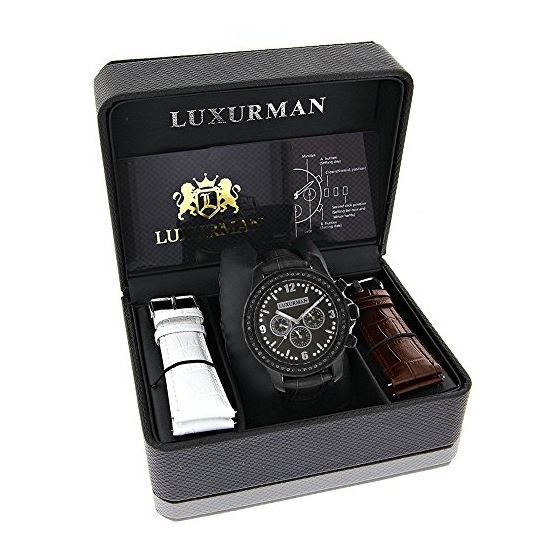 Mens Black Diamond Watch Raptor 2.25ct Black MOP with Leather Band by Luxurman 4