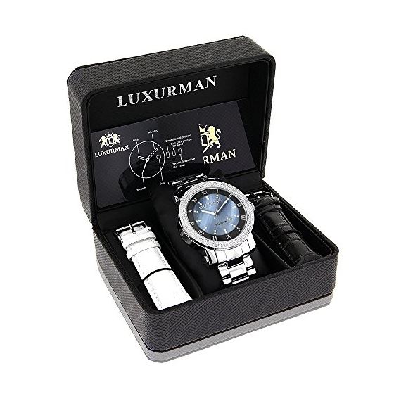 Luxurman Mens Diamond Watch 0.12ct Blue MOP Polished Silver Stainless Steel Case 4