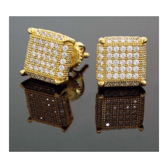 .925 Sterling Silver Yellow Square White Crystal Micro Pave Unisex Mens Stud Earrings 2