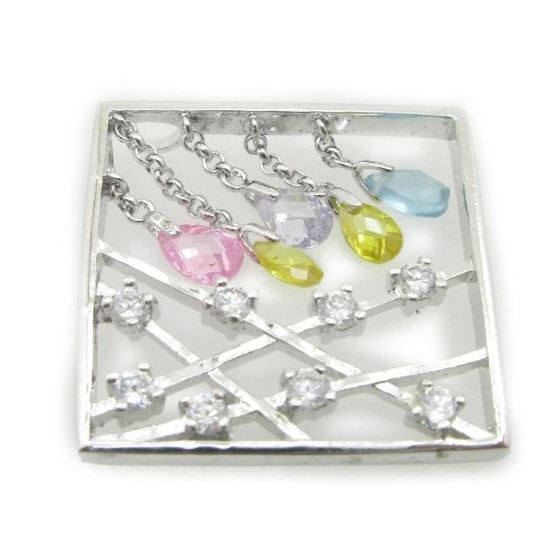 Ladies .925 Italian Sterling Silver Square Multi Stone Dangle Pendant Length - 1.18in Width - 1.18in