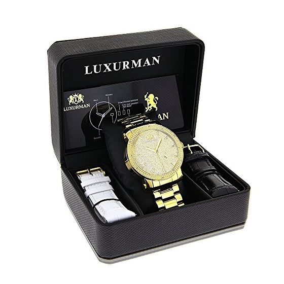 Luxurman Mens Genuine Diamond Watch 0.12ct Yellow Gold Plated Extra Straps 4