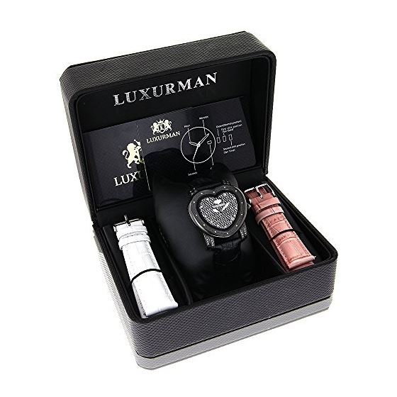 Luxurman Genuine Diamond Heart Watch 0.25ct Polished Black Tone Dial 4