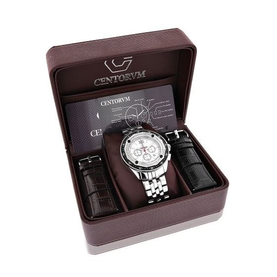 Centorum Falcon Mens Real Diamond Watch 0.55ct White MOP Chronograph Steel Band 4