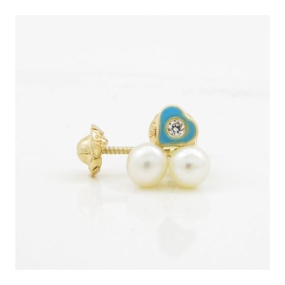 14K Yellow gold Heart cz pearl stud earrings for Children/Kids web133 4