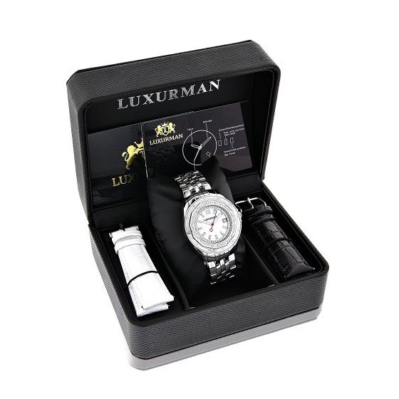 Ladies Real Diamond Watch 0.25ct By Luxurman White MOP Leather Band Japan Movt 4