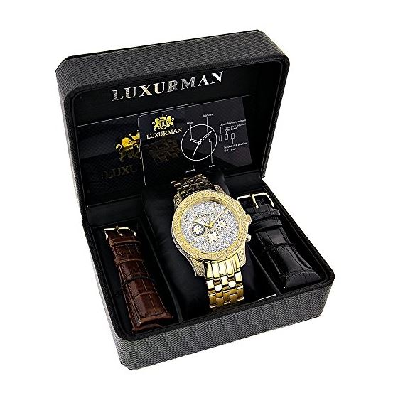 Luxurman Mens Diamond Watch 0.5ct Yellow Gold Plated in White Sparkling Stones. 4