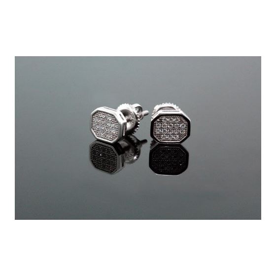 .925 Sterling Silver White Octagon White Crystal Micro Pave Unisex Mens Stud Earrings 2