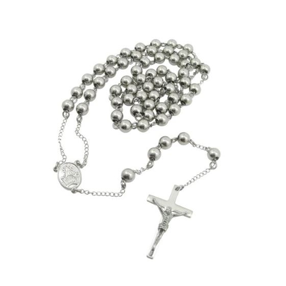 Mens Stainless Steel Silver Tone Rosary Chain Necklace with Cross 8MM 2