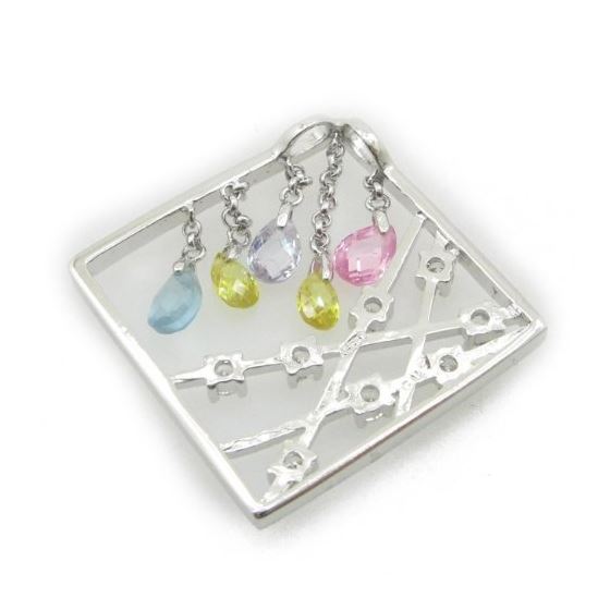 Ladies .925 Italian Sterling Silver Square Multi Stone Dangle Pendant Length - 1.18in Width - 1.18in