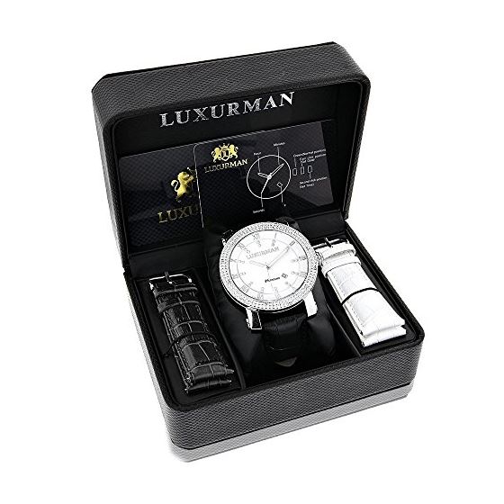 Luxurman Watches Mens VS Diamond Watch 18ct White MOP White Mother of Pearl Dial 4