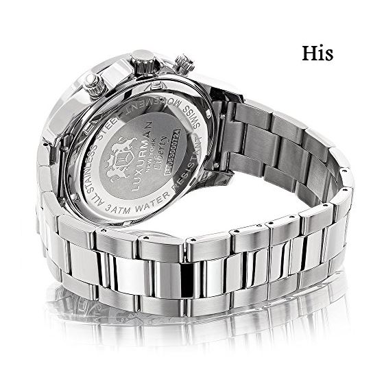 New His and Hers Watches: Stainless Steel Luxurman Diamond Set 3.5ct: Swiss Movt 2