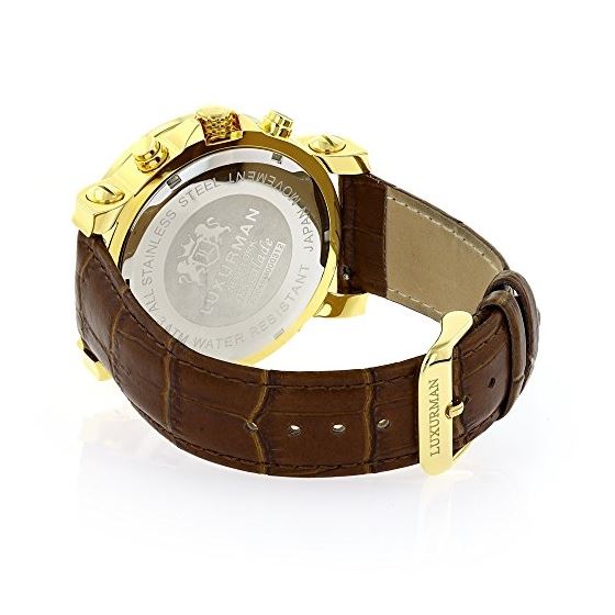 Mens Luxurman Escalade Large Real Diamond Bezel Watch 2.5ct Yellow Gold Plated 2