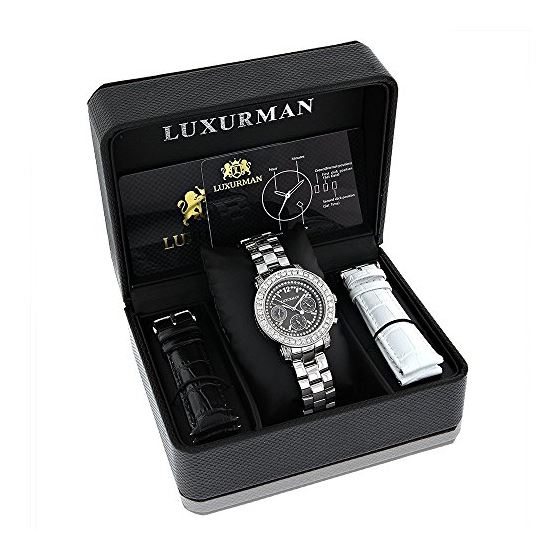 Luxurman Oversized Real Diamond Watches For Women: Montana Black MOP 3ct Leather 4