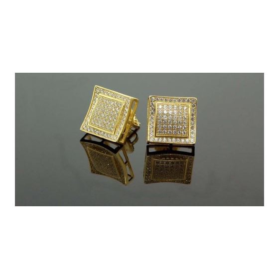 .925 Sterling Silver Yellow Square White Crystal Micro Pave Unisex Mens Stud Earrings 2