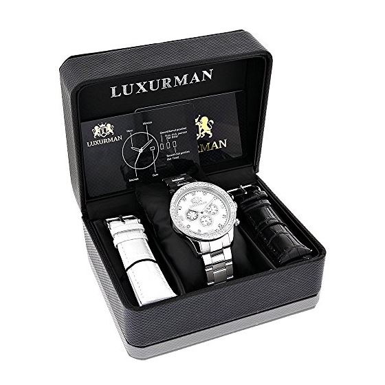 Real Diamond Watches For Men: Luxurman Liberty Diamond Bezel Watch White MOP 2ct 4