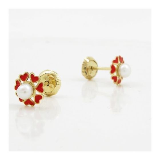 14K Yellow gold Multiple heart pearl stud earrings for Children/Kids web84 4