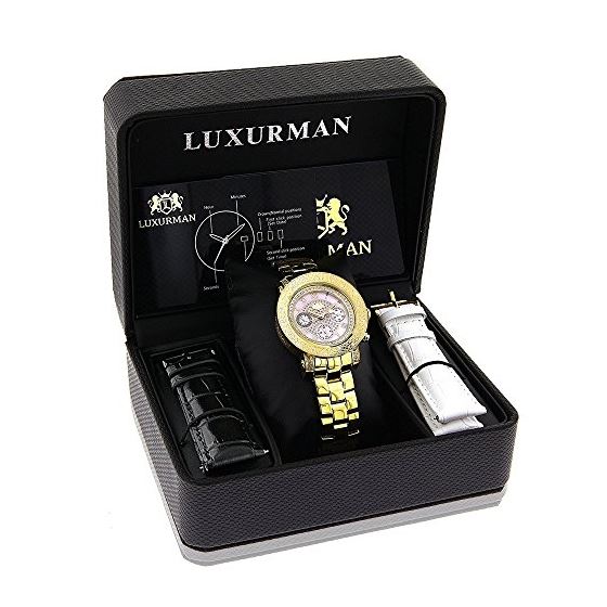 Luxurman Montana Ladies Genuine Diamond Watch 0.3ct Pink MOP Yellow Gold Plated 4
