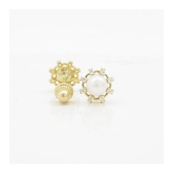 14K Yellow gold Round pearl fancy cz stud earrings for Children/Kids web522 2