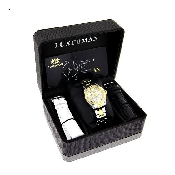 Womens White Yellow Gold Plated Diamond Watch Two Tone Luxurman Tribeca 1.5ct 4