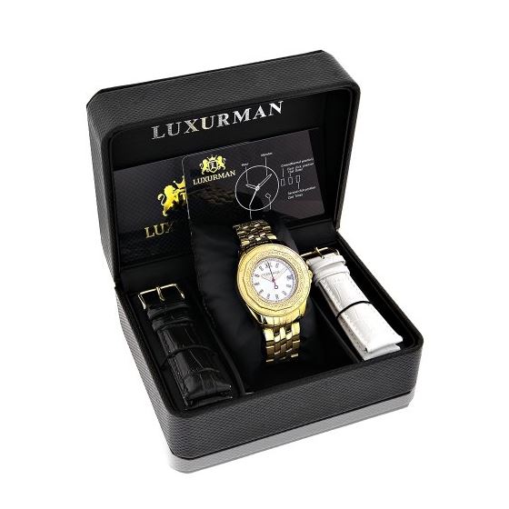 Womens Genuine Diamond Watch 0.25ct Yellow Gold Luxurman MOP Leather Strap 4
