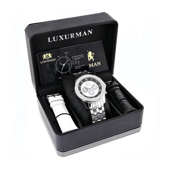 Designer Watches Luxurman Mens Diamond Watch 0.25ct Black and White Leather Band 4