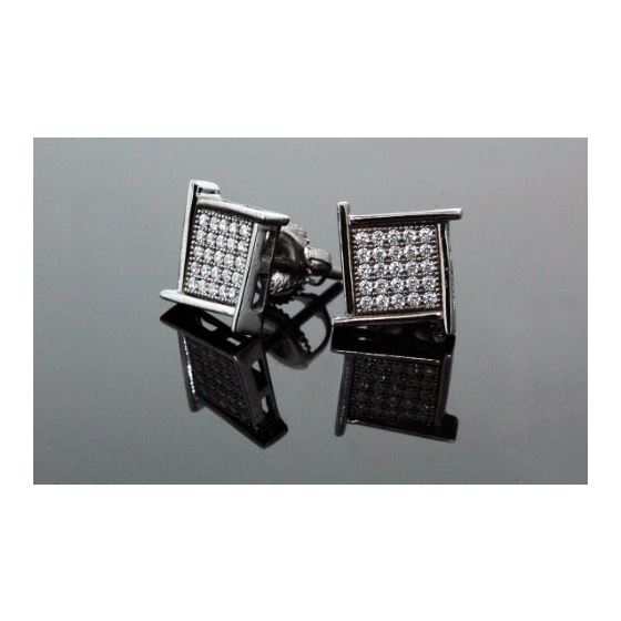 .925 Sterling Silver Black Square Spikes White Crystal Micro Pave Unisex Mens Stud Earrings 10mm 2