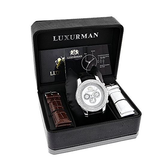 Luxurman Leather Watches Mens Real Genuine Diamond Watch .25ct White Freeze 4