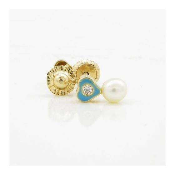 14K Yellow gold Heart cz pearl stud earrings for Children/Kids web133 2