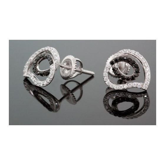 .925 Sterling Silver White Heart White and Black Onyx Crystal Micro Pave Unisex Mens Stud Earrings 2