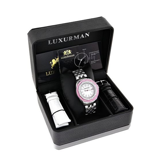Luxurman Womens Real Diamond Pink Watch 0.25ct MOP Interchangeable Straps 4