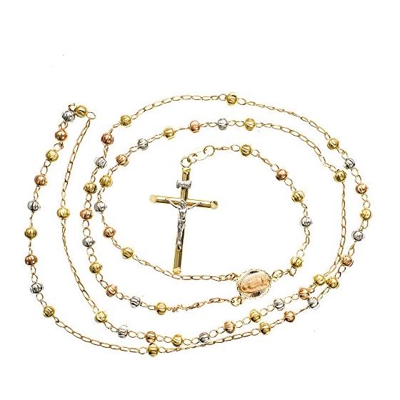 14K 3 TONE Gold HOLLOW ROSARY Chain - 28 Inches Long 4.04MM Wide 2