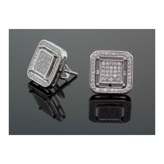 .925 Sterling Silver White Square White Crystal Micro Pave Unisex Mens Stud Earrings 2