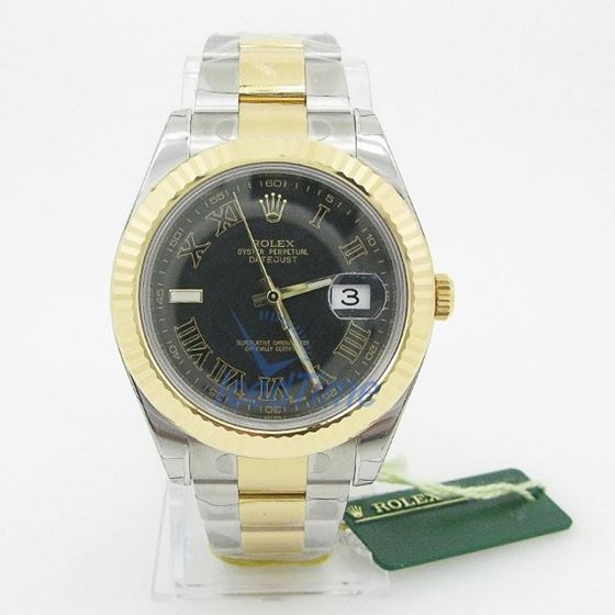 Rolex Datejust II Black Roman Dial 18k Yellow Gold Fluted Bezel Two Tone Oyster Bracelet Mens Watch 